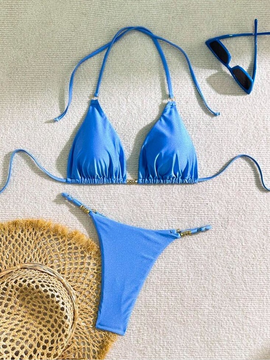 Other - Triangle Bikini Set with Thong Bottoms in Sky Blue with Gold hardware NWOT